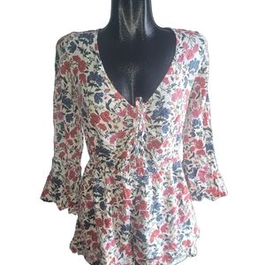 American eagle blue & red floral print Bell Sleeve short romper L